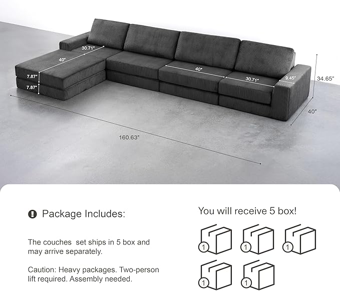 160.63‘’ Boneless Couch Cloud Modular Sectional Couches for Living Room, Oversize L-Shape Sofa with Deep Seat, Plush Corduroy 4-Seater with Ottoman, No Assembly Required