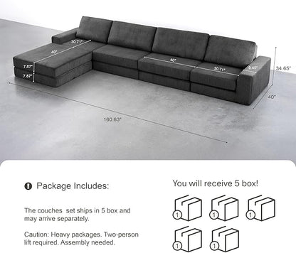 160.63‘’ Boneless Couch Cloud Modular Sectional Couches for Living Room, Oversize L-Shape Sofa with Deep Seat, Plush Corduroy 4-Seater with Ottoman, No Assembly Required