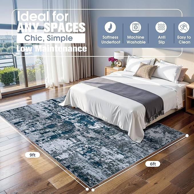 6x9 Area Rugs for Living Room Rug Washable: Abstract Rug for Dining Room Bedroom Carpet Non Slip 6 by 9 Indoor Modern Nursery Home Office Navy Grey
