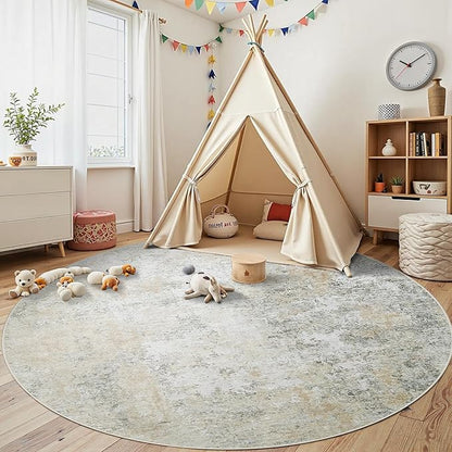 Round Rug 8ft Circle Rug Washable: Carpet Circular Area Rug for Entryway Kitchen Bedroom Dining Room Living Room Large 8 Feet Abstract College Dorm Non Slip Low Pile Beige Grey