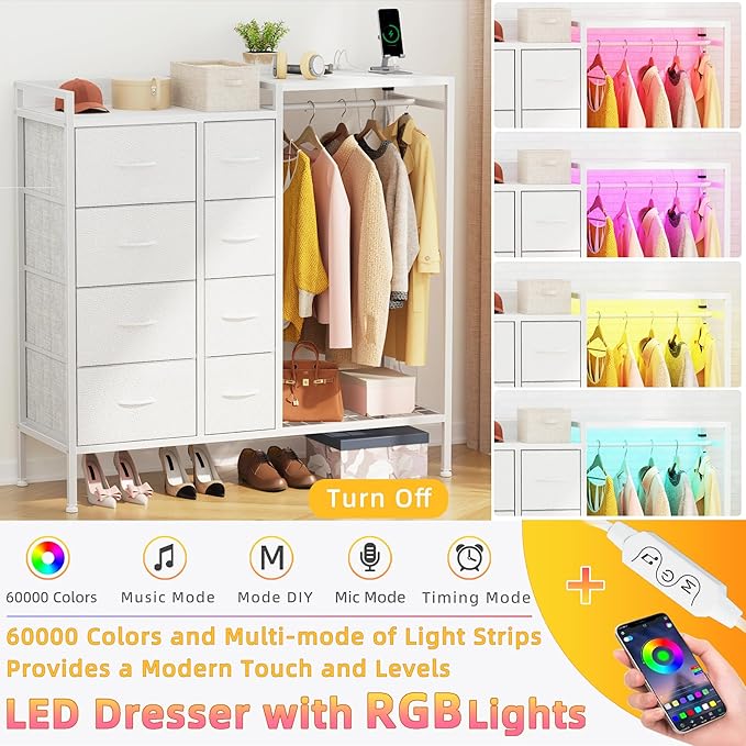 Hanging Rack 8 Drawer Dresser Charging Station & LED Lights, White Kids Chest of Fabric Drawers, White
