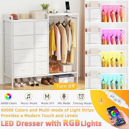 Hanging Rack 8 Drawer Dresser Charging Station & LED Lights, White Kids Chest of Fabric Drawers, White