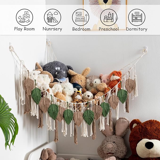 Pretty Jolly Stuffed Animal Storage with Hand Woven Leaf Tassels Hammock Corner Hanging Net Boho Macrame Plush Storage for Kid Room Nursery Decor Wall Display for Girls Gift(Green&Coffee)