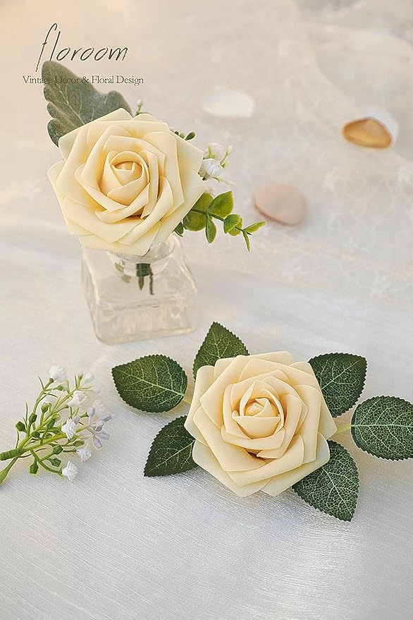 Floroom Artificial Flowers 50pcs Real Looking Creamy Yellow Foam Fake Roses with Stems for DIY Wedding Bouquets Bridal Shower Centerpieces Floral Arrangements Party Tables Home Decorations