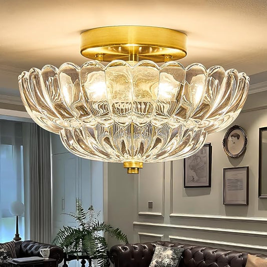 Mid Century Modern Gold Semi Flush Mount Ceiling Light Fixture,3 Lights Flower Glass Close to Ceiling Lighting Fixtures for Bedroom Hallway Kitchen Foyer Bathroom Closet Laundry Room 11.8 inch