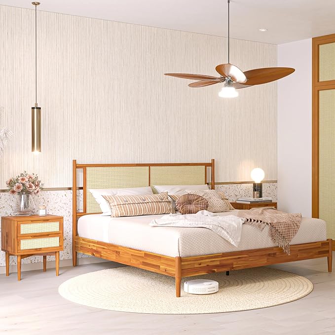 Bme Oliver King Bed Frame and Headboard - 15-Inch Signature Design with Rattan Headboard, Bohemian and Mid Century Style, 12-Slat Wood Support, No Box Spring Needed - Easy Assembly, Caramel