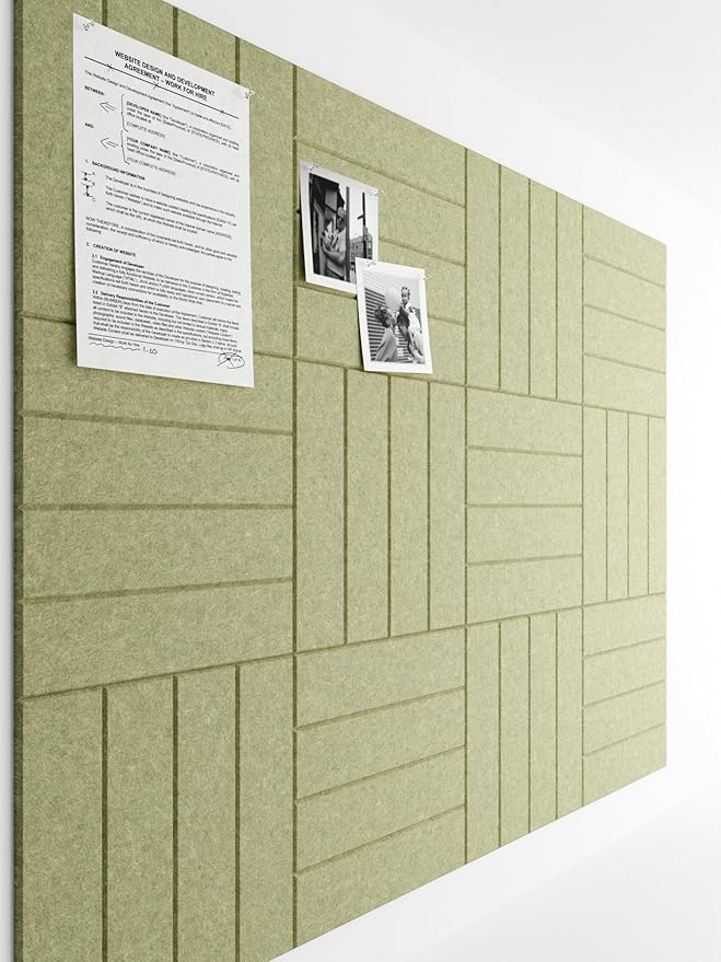 Bumusty Large Cork Board Alternative-47 x35 Felt Bulletin Board Tiles, with 30 Pushpins, 70 Adhesive Tabs, 12-Pack Slat Wall Paneling, Cork Boards for Office Push Pin Board Felt Board-Olive Green