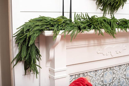 Extra Full 9 ft Real Touch Norfolk Pine Garland Realistic 9ft, Christmas Garland for Mantle, Soft and Bendable Real Touch Garland Christmas Greenery, Evergreen Christmas Garlands for Fireplace, Stairs