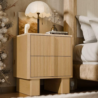 Fluted Night Stand with Charging Station, 22" Tall END Table with 2 Large Storage Drawers and 2 Widened Reinforced Legs, Modern Bedside Table for Bedroom, Living Room, Light Oak