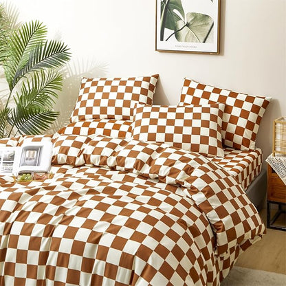 CLOTHKNOW Brown Beige Plaid Queen Comforter Set Grid Bedding Comforter Sets Soft Caramel Queen Comforter Checker with 2 x Pillow Cases
