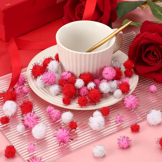 UPINS Valentine's Day Pom Poms Balls, 600 Pieces Pink Red Glitter Pom Poms Mixed Sizes Fluffy Pompoms for Crafts Making DIY Wedding Valentine's Day Party Decorations Supplies (3 Colors)