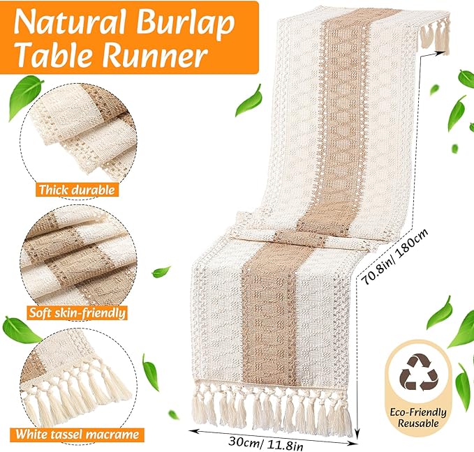 6 Sets Boho Placemats: Round Woven, Rectangular Boho, Wooden Bead Napkin Rings, Cloth Napkins, Long Table Runner & Storage Basket - Natural Burlap Cotton for Kitchen Table Home