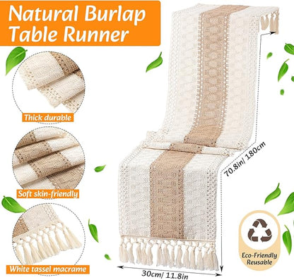 6 Sets Boho Placemats: Round Woven, Rectangular Boho, Wooden Bead Napkin Rings, Cloth Napkins, Long Table Runner & Storage Basket - Natural Burlap Cotton for Kitchen Table Home