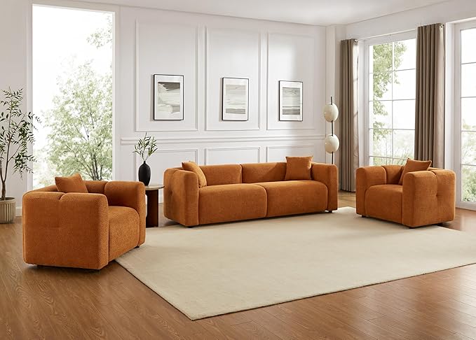 VANOMi Living Room Furniture Sets Include 95" Sofa & 42" Arm  chairs, Boucle Upholstered Oversized Couch with Pillows, Living Room Furniture Set for Bedroom Apartment (Curry, 1 Sofa+2 Chairs)