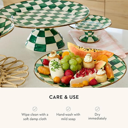 MACKENZIE-CHILDS Enamel Pedestal Platter, Round Cake Stand, Large, Green-and-White Emerald Check