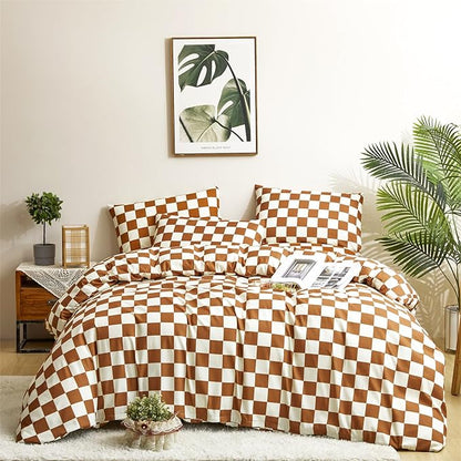 CLOTHKNOW Pumpkin Plaid Comforter Sets Twin/Twin XL 3Pcs Brown Grid Bedding Comforter Sets Rust Bedding Sets