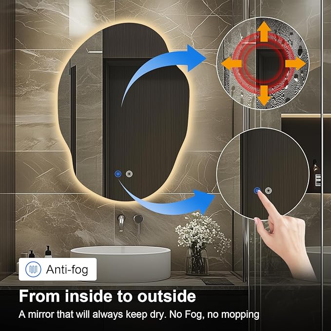 Irregular LED Bathroom Mirror with Lights,Asymmetrical Led Bathroom Vanity Mirror for Wall with Front and Backlit, Anti Fog, 3 Colors and Dimmable Light,[Horizontal/Vertical] 30" H x 22" W