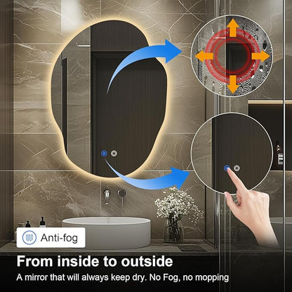 Irregular LED Bathroom Mirror with Lights,Asymmetrical Led Bathroom Vanity Mirror for Wall with Front and Backlit, Anti Fog, 3 Colors and Dimmable Light,[Horizontal/Vertical] 30" H x 22" W