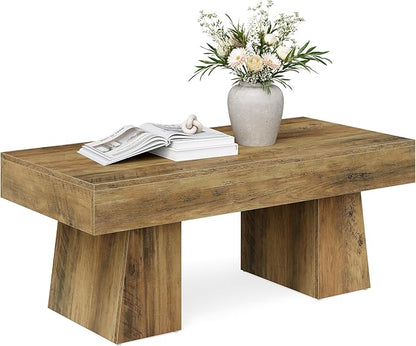 LITTLE TREE Farmhouse Coffee Table, 47 Inches Wooden Rectangular Accent Center Tables with Thick Base, Modern Low Cocktail Tea Furniture for Living Room (Rustic Brown)