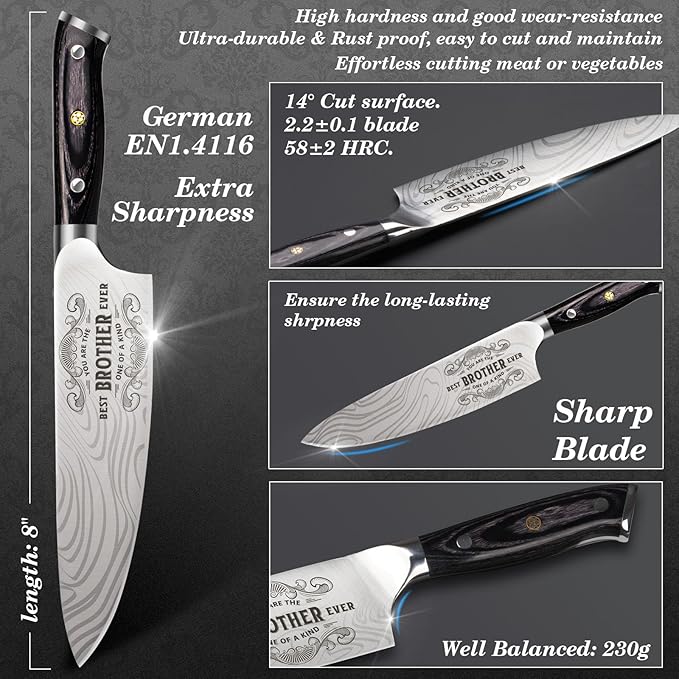 Gifts for Men Brother Christmas, Kitchen Cooking Knife Brother Gifts for Birthday, 8 inch Professional German High Carbon Stainless Steel Chef Knife, Brother Gifts Xmas Stocking Stuffers