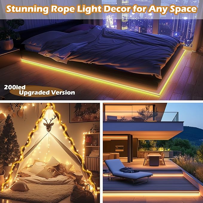 Solar Rope Lights Waterproof 65FT 200LEDs,High Capacity Rechargeable Battery,Dual Charging,Outdoor String Light,Remote-Control,for Pathway Patio Garden Palm Tree Christmas (Brighter - Warm White)