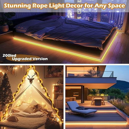 Solar Rope Lights Waterproof 65FT 200LEDs,High Capacity Rechargeable Battery,Dual Charging,Outdoor String Light,Remote-Control,for Pathway Patio Garden Palm Tree Christmas (Brighter - Warm White)