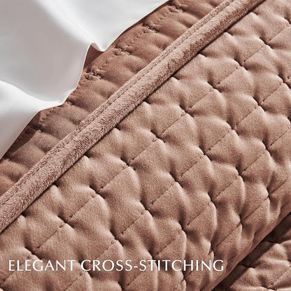 EVERGRACE Luxury Velvet Quilt Set Queen Size 3 Piece, Soft Cross-Stitch Velvet Comforter Set with Pillow Shams, Lightweight Coverlet Bedspread Bedding Set for All Seasons, Terracotta Clay