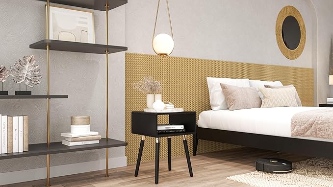 Bme Dinkee Solid Wood Bedside Table Fully Assembled Without Drawer for Mid Century Bedroom and Living Room, Black