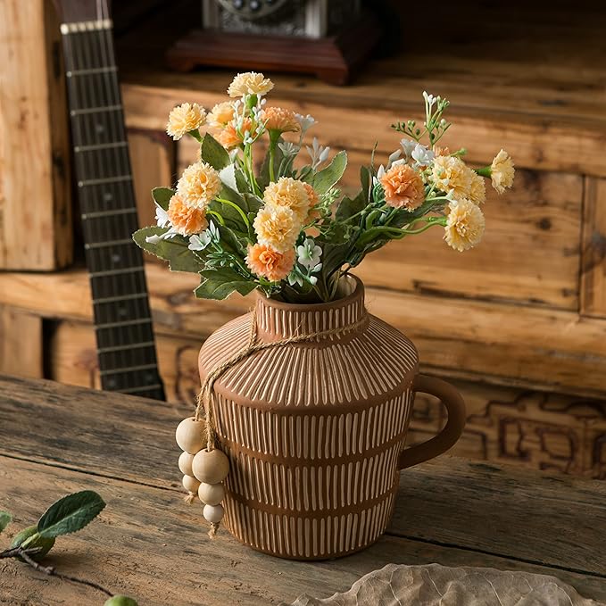 Rustic Farmhouse Vase with Handle and Boho Wooden Beads - Terracotta Vase with Vertical Stripes for Vintage Home Decor