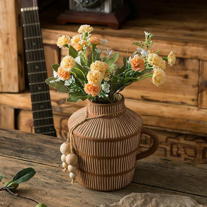 Rustic Farmhouse Vase with Handle and Boho Wooden Beads - Terracotta Vase with Vertical Stripes for Vintage Home Decor