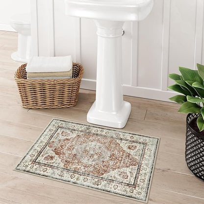 Uphome Orange Bath Mat, Distressed Farmhouse Boho Bathroom Rugs, Super Cozy Velvet Small Bathroom Mats, Non Slip Machine Washable Bathroom Floor Mat for Toilet Sink Shower, 18x26 inch
