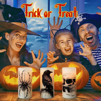 Eldnacele Halloween Flameless Candles with Skull,Spider Web, Crow Raven Decal, Rechargeable Battery Operated Cycle Timer Halloween Themed LED Real Wax Ivory Candles Spooky Decor(3pcs,D3×H6)