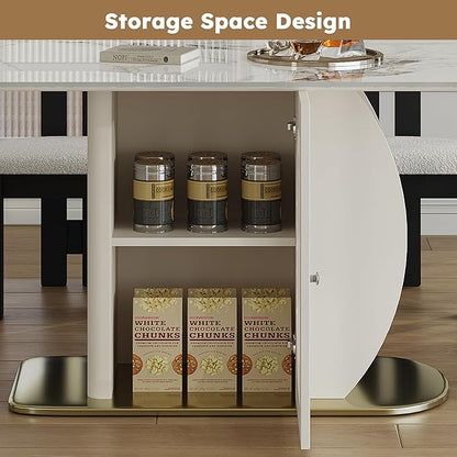 Montary 63" Modern 4-6 Person Dining Table with Storage Cabinet, Artificial Marble Dining Table with Sintered Stone Tabletop & Golden Solid Wood Base, Includes 4 White Velvet Chairs for Kitchen