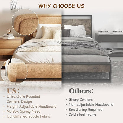 King Size Boucle Bed Frame, Cloud Upholstered Platform Bed with Height Adjustable Headboard & Soft Rounded Corners, Easy Assembly, No Box Spring Needed, Noise Free, Camel