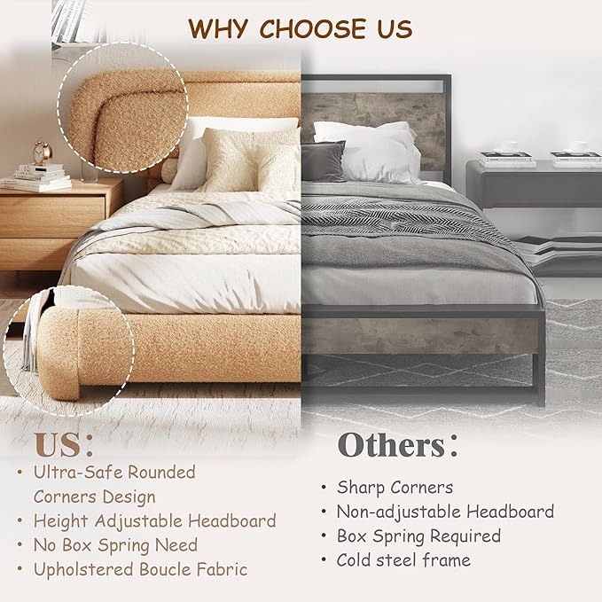 Queen Size Boucle Bed Frame, Cloud Upholstered Platform Bed with Height Adjustable Headboard & Soft Rounded Corners, No Box Spring Needed, Noise Free, Easy Assembly, Camel