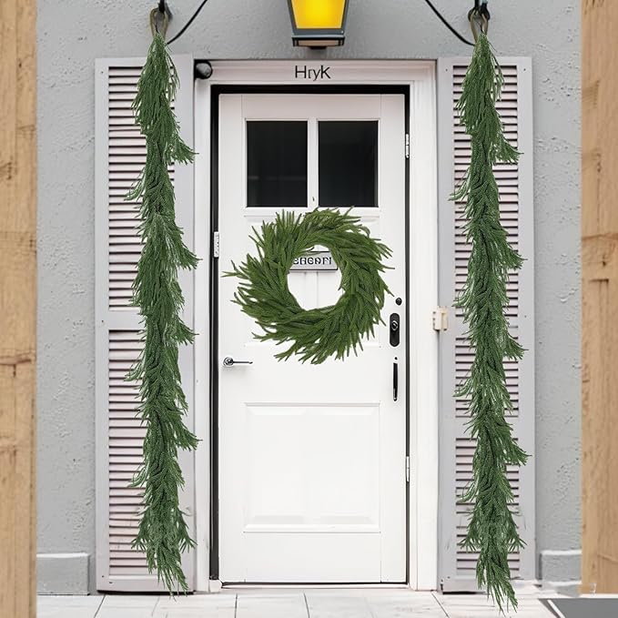 9FT Artificial Norfolk Pine Garlands for Christmas Decorations,Real Touch Winter Faux Greenery Garlands for Mantel Table Stair Fireplace Wall Holiday Indoor Outdoor Decor(1 Pack)