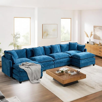 SoarFlash 143.2" Chenille Sectional Sofa, Comfy U Shaped Modular Coush Sofa with Ottoman, Modern 4 Seat Couch Deep Seat Sofa Set for Living Room,Blue
