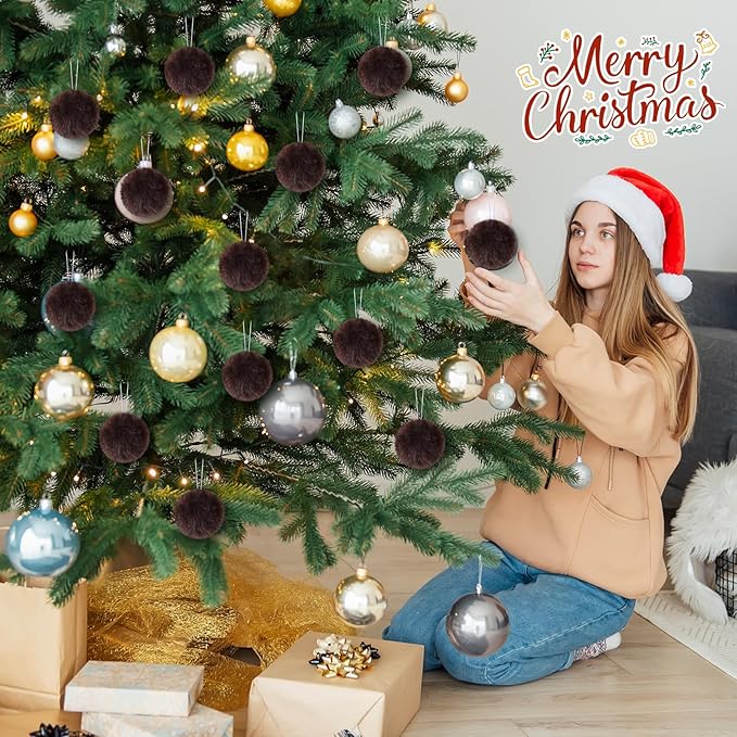 12Pcs Furry Christmas Ball Ornament for Xmas Tree Brown Soft Faux Fur Pom Pom Ball Ornaments Christmas Tree Hanging Decorations for Winter Party Home Decor Costume Supplies