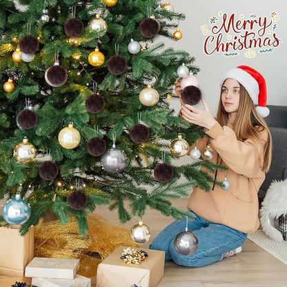12Pcs Furry Christmas Ball Ornament for Xmas Tree Brown Soft Faux Fur Pom Pom Ball Ornaments Christmas Tree Hanging Decorations for Winter Party Home Decor Costume Supplies