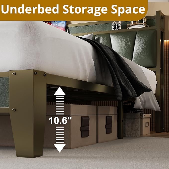 LIKIMIO Twin XL Bed Frame, Storage Headboard with Charging Station, Solid and Stable, Noise Free, No Box Spring Needed, Easy Assembly (Dark Green)