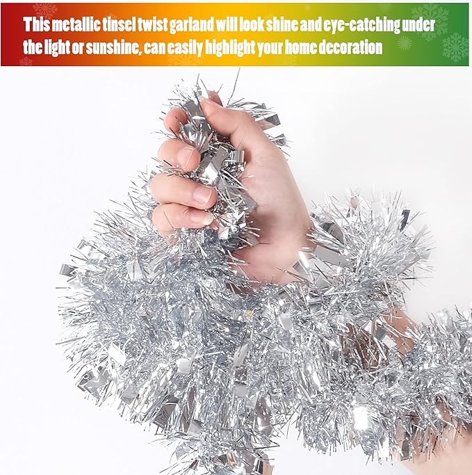 CANREVEL 4 Pieces 26.2 Ft Christmas Garland Metallic Shiny Twist Tinsel Garland Hanging Decorations for Christmas Tree, Mantle, Stairs Railing Decorations - Silver