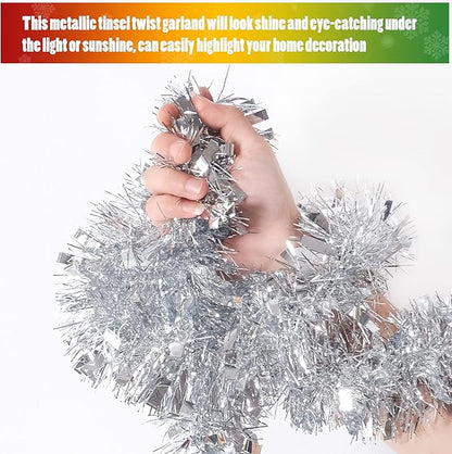 CANREVEL 4 Pieces 26.2 Ft Christmas Garland Metallic Shiny Twist Tinsel Garland Hanging Decorations for Christmas Tree, Mantle, Stairs Railing Decorations - Silver