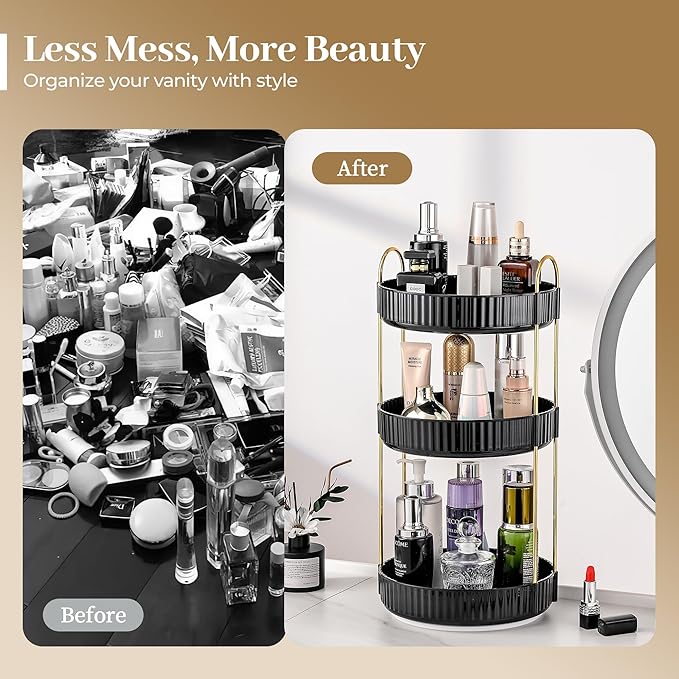 Aveniee 360 Rotating Makeup Organizer for Vanity, Large Spinning Bathroom Counter Organizer Shelf Holder for Cosmetics, Skin Care, Lipsticks,3 Tiers, Black