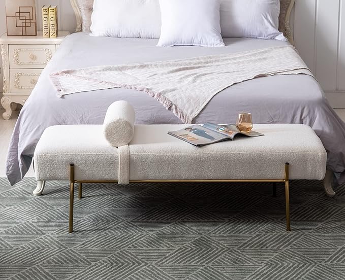Modern End of Bed Bench, Upholstered Entryway Bench with Detachable Pillow for Living Room, Faux Fur Ottoman Bench with Gold Metal Legs, Comfy Cushion Bedroom Decoration Benches (White)