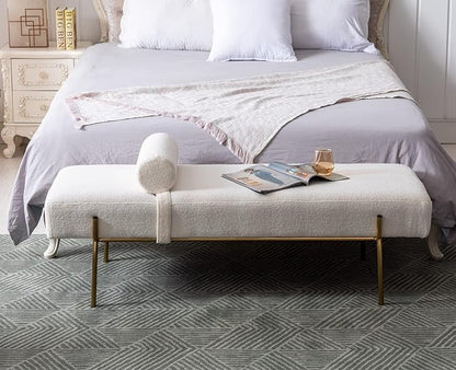 Modern End of Bed Bench, Upholstered Entryway Bench with Detachable Pillow for Living Room, Faux Fur Ottoman Bench with Gold Metal Legs, Comfy Cushion Bedroom Decoration Benches (White)