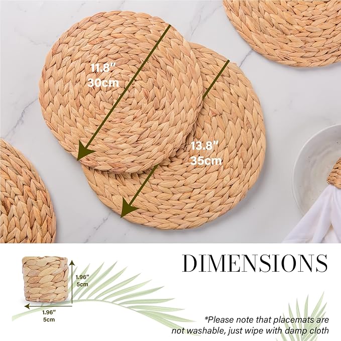 13.8" Set of 10 Round Water Hyacinth Placemats | Boho Woven Rattan Table Mats | Farmhouse Wicker Spring Plate Chargers Like Corn Husk, Seagrass for Wedding, Party, Christmas, Events