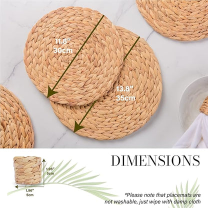 13.8" Set of 10 Round Water Hyacinth Placemats | Boho Woven Rattan Table Mats | Farmhouse Wicker Spring Plate Chargers Like Corn Husk, Seagrass for Wedding, Party, Christmas, Events