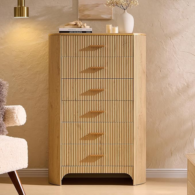 Fluted 6 Drawer Tall Dresser with Curved Profile,47.8" Tall Drawers with Reeded Texture,Gold Handles Storage Organizer Cabinet for Bedroom,Living Room,Entryway,Natural Oak