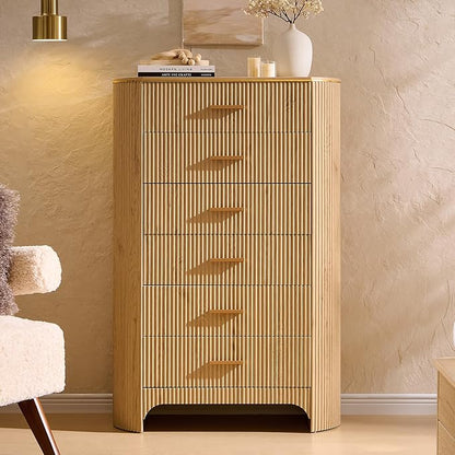 Fluted 6 Drawer Tall Dresser with Curved Profile,47.8" Tall Drawers with Reeded Texture,Gold Handles Storage Organizer Cabinet for Bedroom,Living Room,Entryway,Natural Oak