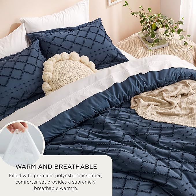 Bedsure Queen Comforter Set - Navy Blue Comforter, Boho Tufted Shabby Chic Bedding for Kids, 3 Pieces Vintage Farmhouse Bed Set for All Seasons, Fluffy Soft Bedding with 2 Pillow Shams